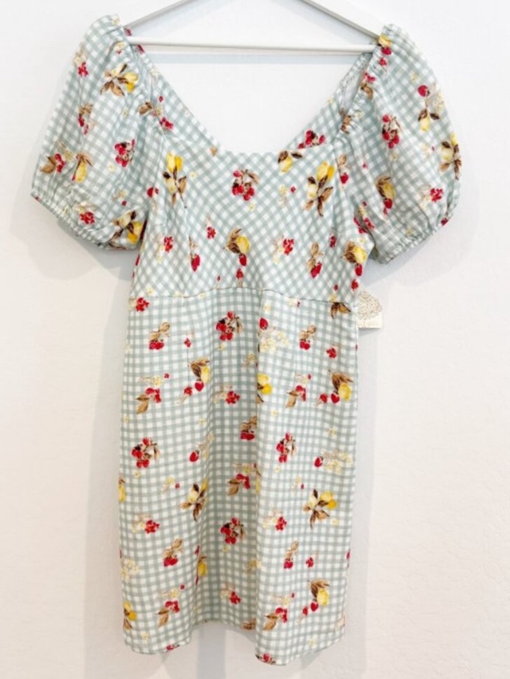 Altard State Aldrin Dress Size L Sage Green Gingham Fruit Puff Mini Coquette